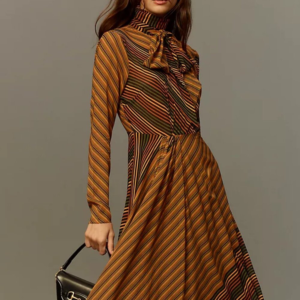 NWT Womens Ronny Kobo Ronny Kobo Brown Black Striped Mock Neck Noven Dress S - Picture 2 of 16
